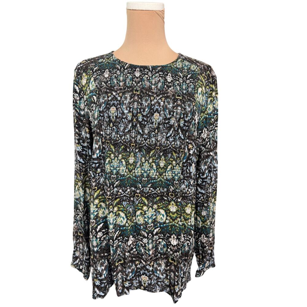 J.Jill Rayon Blouse Top M Multicolor Boho Print Long Sleeve Tunic
